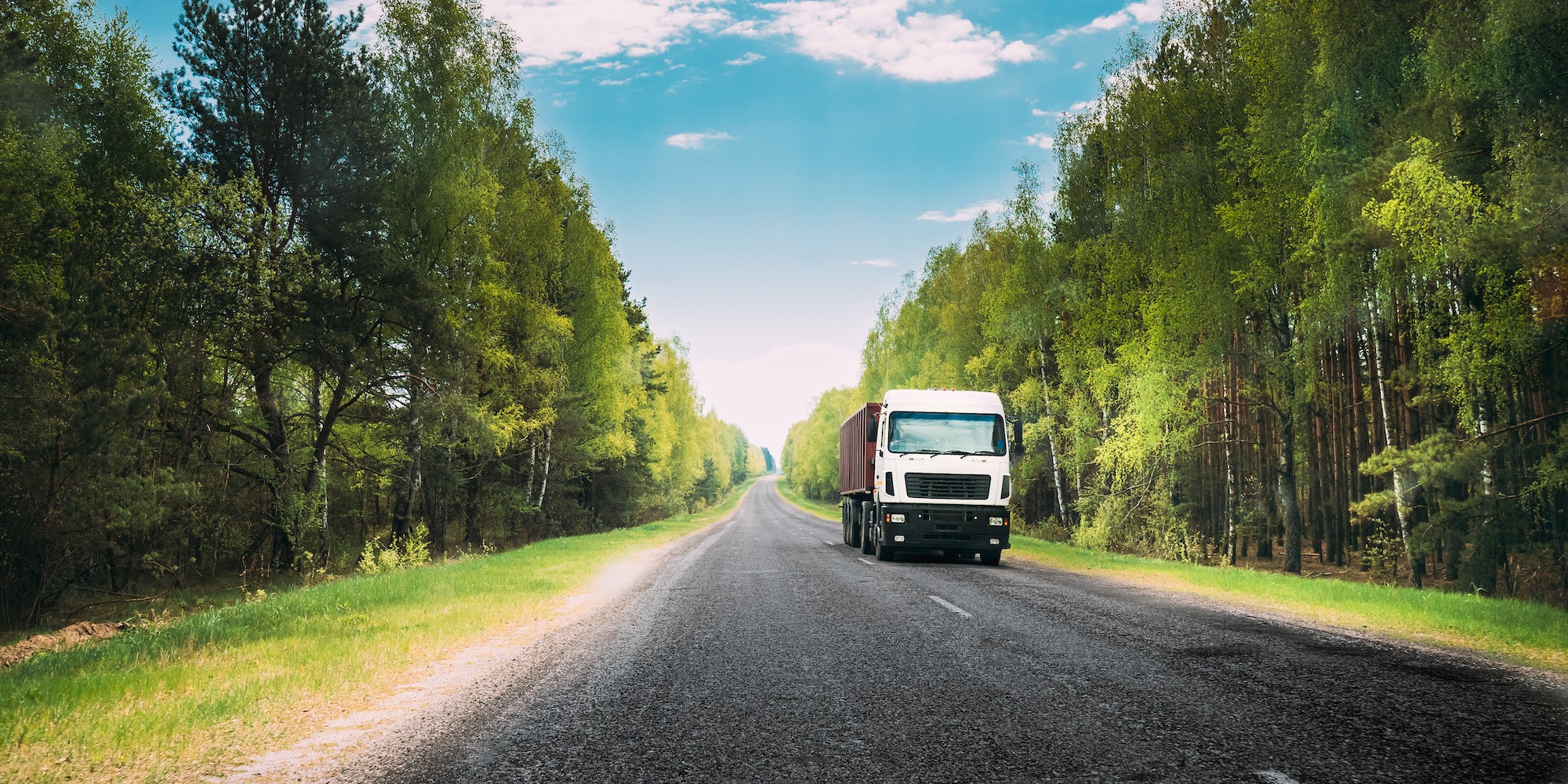 Truck, Tractor Unit, Prime Mover, Traction Unit In Motion On Country Road Through Forest, Freeway